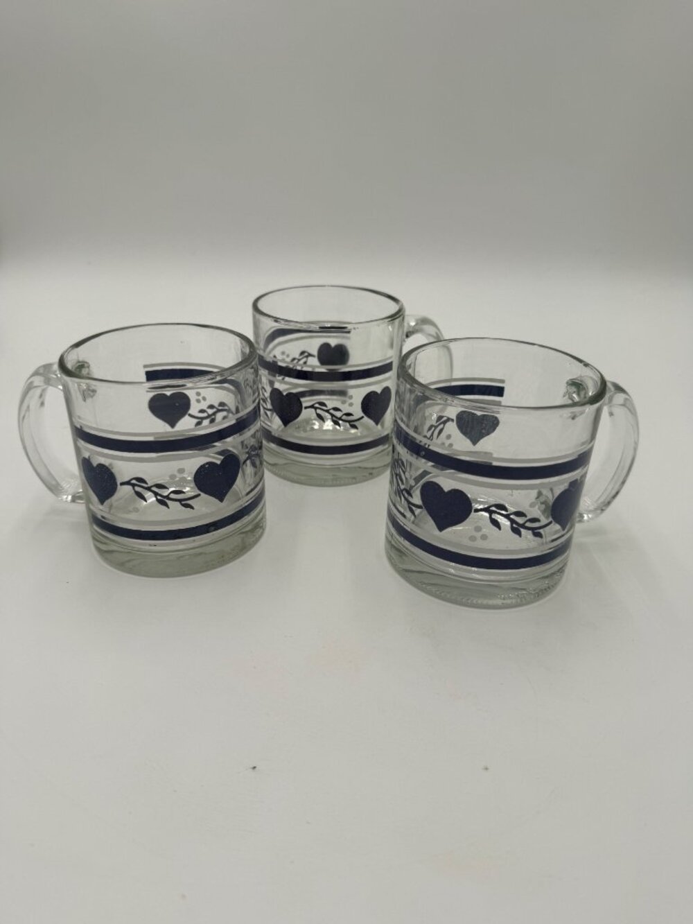 Set Of 3 Vintage Glass Mugs Blue Heart Floral Clear grandmacore cottagecore
